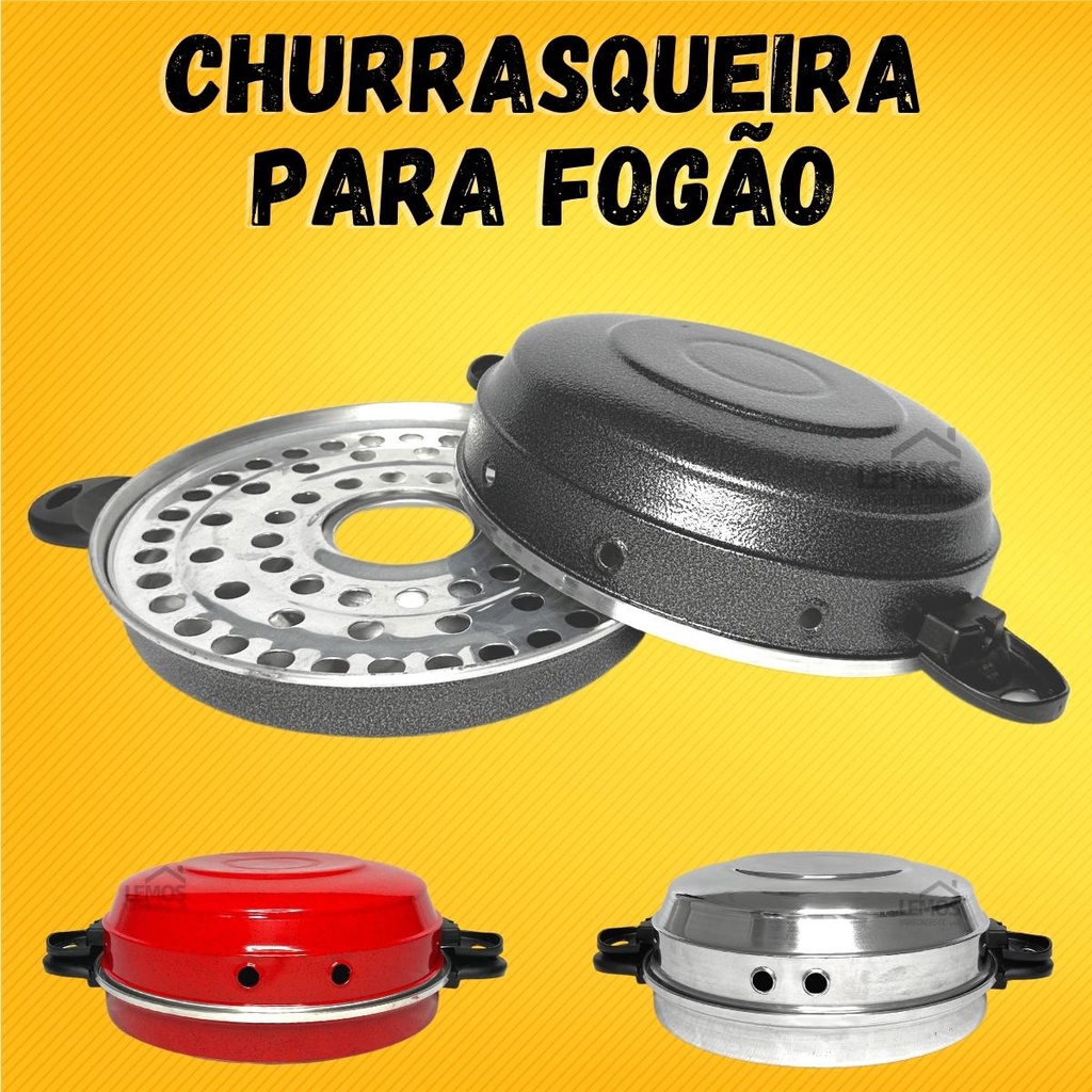 Churrasqueira Para Fogão Faz Grelhados Churrasco Assar Pães Carnes Peixes Frango Preta Vermelha Polida