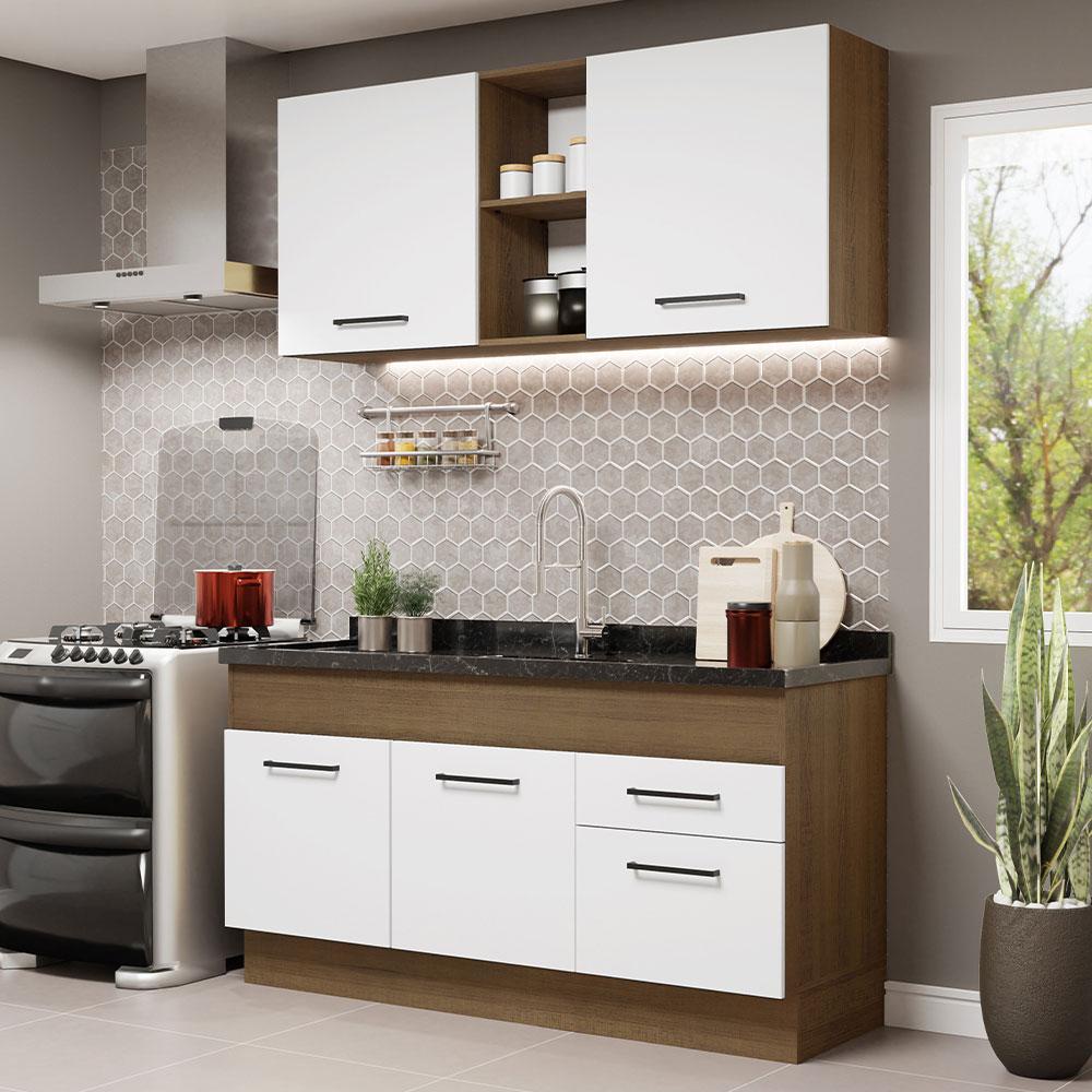 Armário de Cozinha Compacta 150cm Rustic/Branco Agata Madesa 02 em Oferta na Shopee