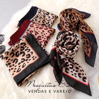 Lenço cetim bandana quadrado cabeça leopardo animal print tamanho grande envio imediato
