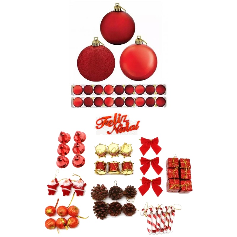 Kit 61 Enfeites Pendentes Para Arvore De Natal Lacos Bola 6cm Caixas de Presentes Papai Noel Macas Tambores Pinha Vermelho
