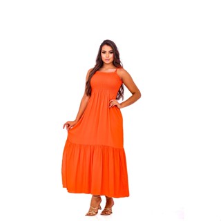 Vestido Alcinha Com Babado LARANJA Verão Viscolimho Confortável Moda Feminina Lastex Promoção Barato Alaranjado Lançamento Black Friday