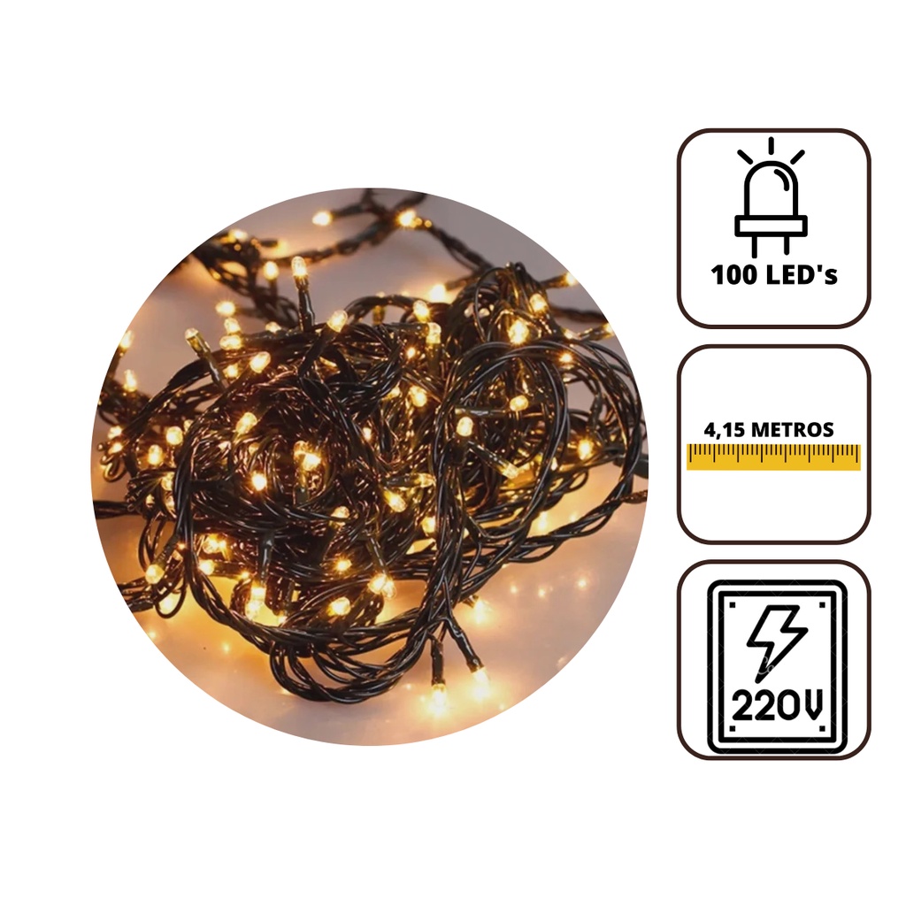 Pisca Pisca de Natal Cordão com 100 lâmpadas 4,15 m e 8 Funções - Branco em Oferta na Shopee