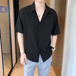 5 Cores [M-XXL] Camisa De Manga Curta De Seda Gelada Coreana Cor Lisa Lapela Solta Estudante Da Moda Masculina Pescoço V