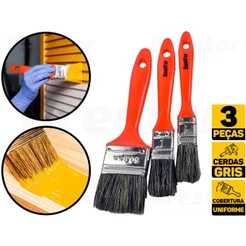 Jogo 3 Trincha Pincel Cerdas Gris Pintura Parede Cabo Laranja Bestfer BFH1266