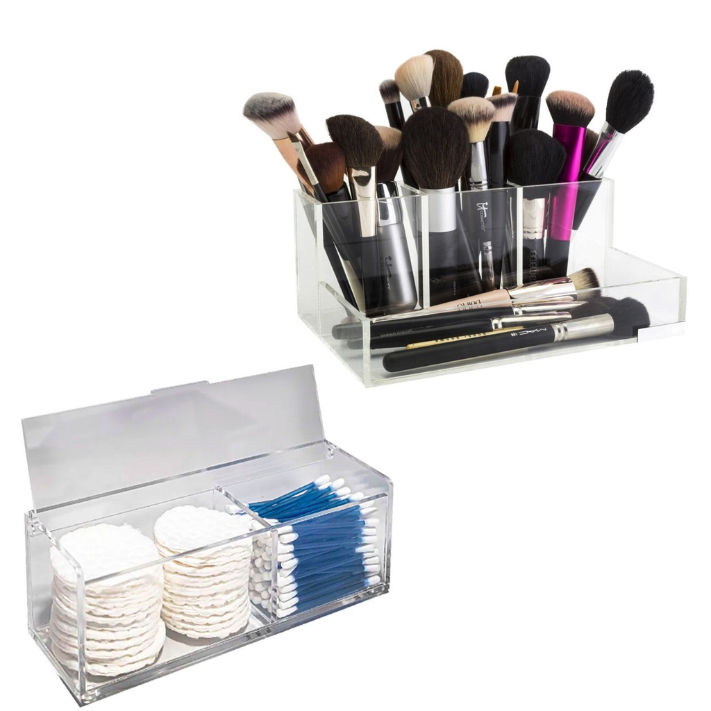 Kit  Porta Maquiagem de Acrílico para Pincel, Batom e Blush + Porta Algodão Cotonete