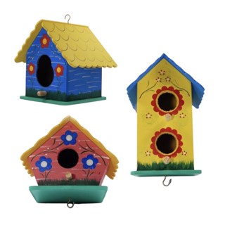 Casa de Passarinho Ninho Comedouro Para Aves Kit com 3 Unidades Coloridas