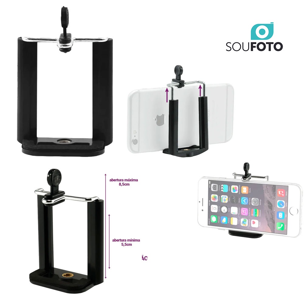 Suporte de Celular Ajustável Rosca 1/4 para Tripé de Celular ou Equipamentos