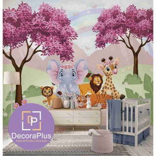 Foto Mural Adesivo Safari Bichinhos Árvores Coloridas E Arco-íris Cute Quarto Menina Vinil M²