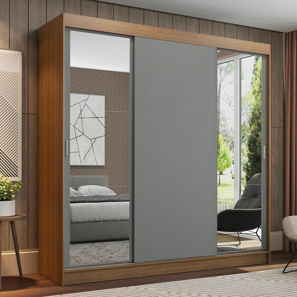 Guarda-Roupa Casal Madesa Reno 3 Portas de Correr com Espelhos - Rustic/Cinza - Home & Living