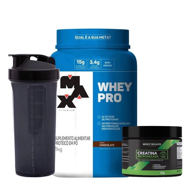 Whey Pro Concentrado 1Kg + Creatina Energy 90g + Coqueteleira