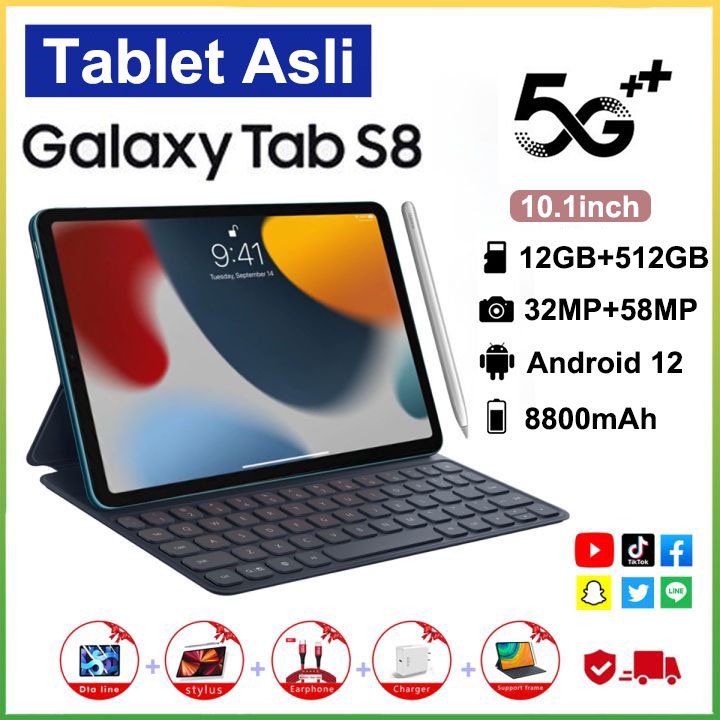 Novo tablet PC 10,8 polegadas Original Galaxy tab S8 S8 + 12GB + 512GB Android 10.1 Polegadas Tela Grande WIFI 5G Dual Card Crianças Aprendizagem hp advan Jogo Escritório Mura