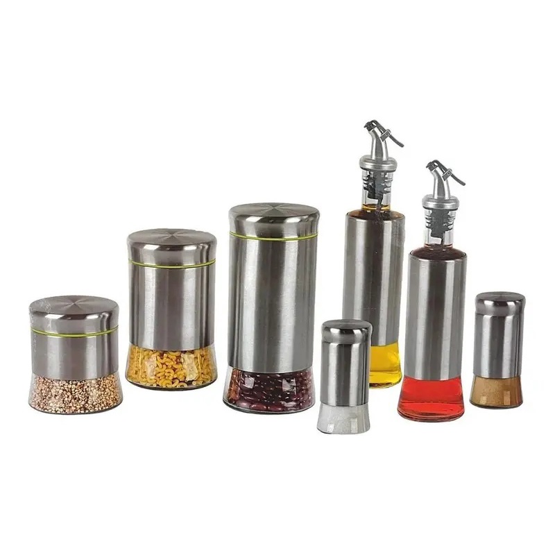 Conjunto Galheteiro 7 Peças Aço Inox Vidro Modelo Decorativo - WINCY