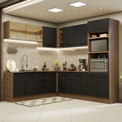 Cozinha Completa de Canto Madesa Agata 459001 com Armário e Balcão (Sem Tampo e Pia) - Rustic/Preto
