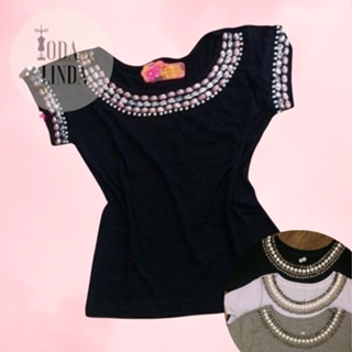 T-shirt Blusinha Camiseta Feminina c/ Pedraria Pérolas Moda Verão Bordada com Pedras Brilhantes - Diversas Cores em Oferta na Shopee