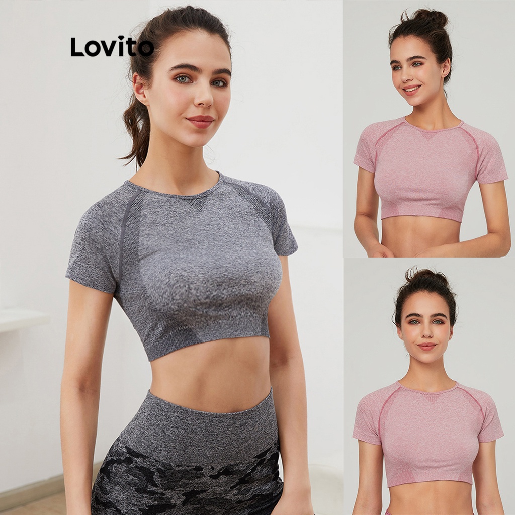 Lovito Camiseta Esportiva Lisa Com Gola Redonda L03011 Cinza E Rosa