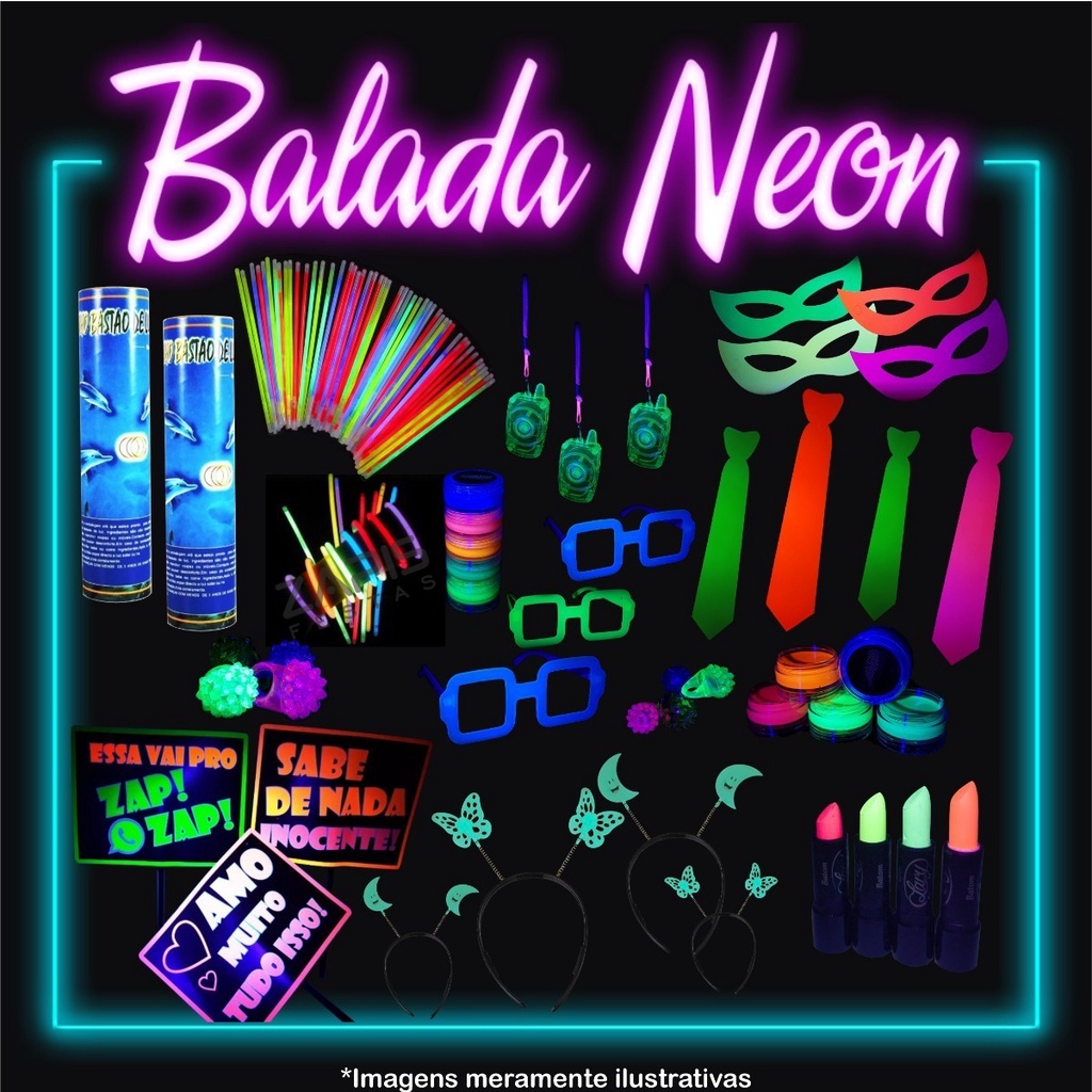 Kit Festa Neon 90 Ítens Brilha Luz Negra - Pulseira neon, Oculos Neon,Gravats Divertidas, Tiaras Divertidas, Plaquinhas Divertidas