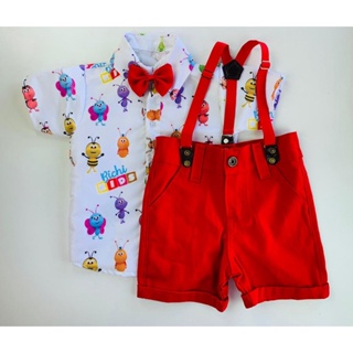 CONJUNTO BICHI-KIDS roupa infantil completa, camisa, gravata, bermuda e suspensorio festa em Oferta na Shopee