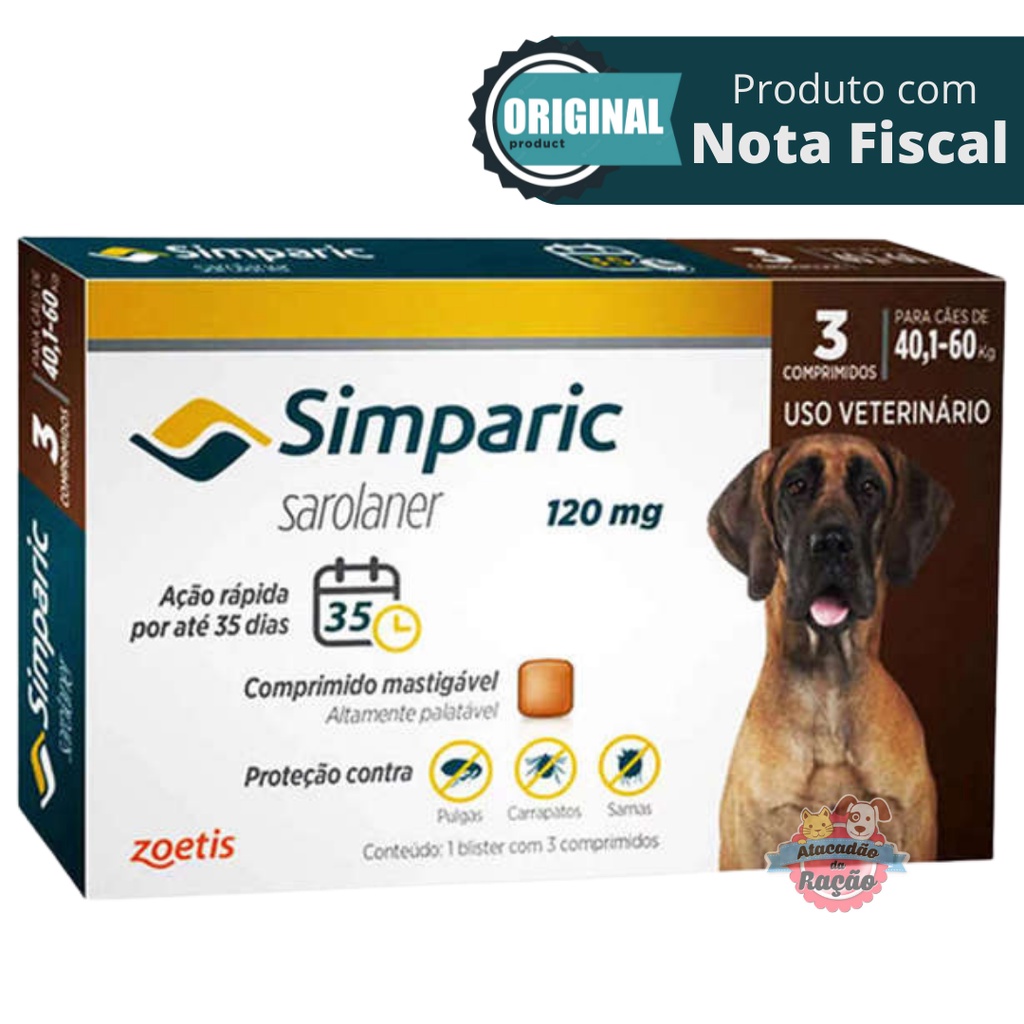 Simparic para Cães de 40,1 a 60 Kg (120 mg) Antipulgas e Carrapatos - 3 Comprimidos em Oferta na Shopee