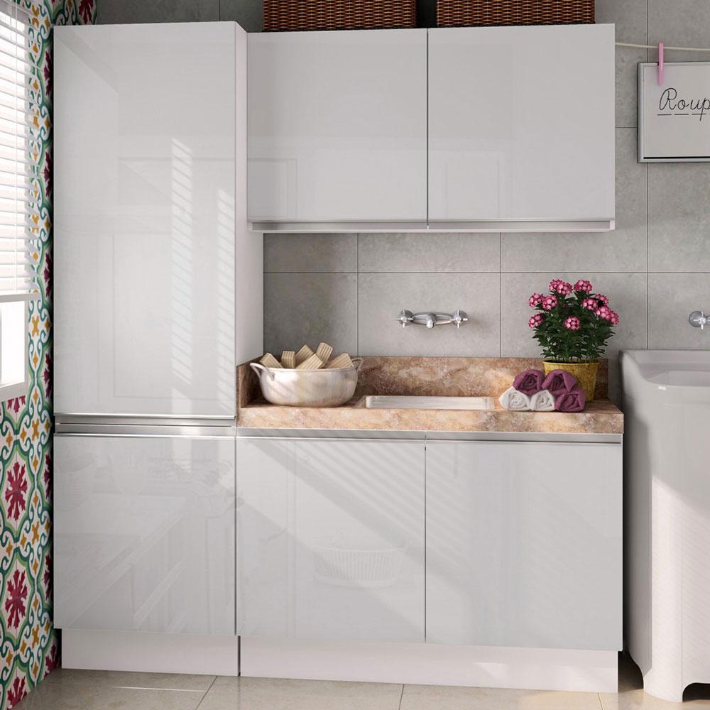 Kit Área De Serviço Madesa Acordes 100% MDF com Armário e Balcão - Portas Branco Brilho - Home & Living