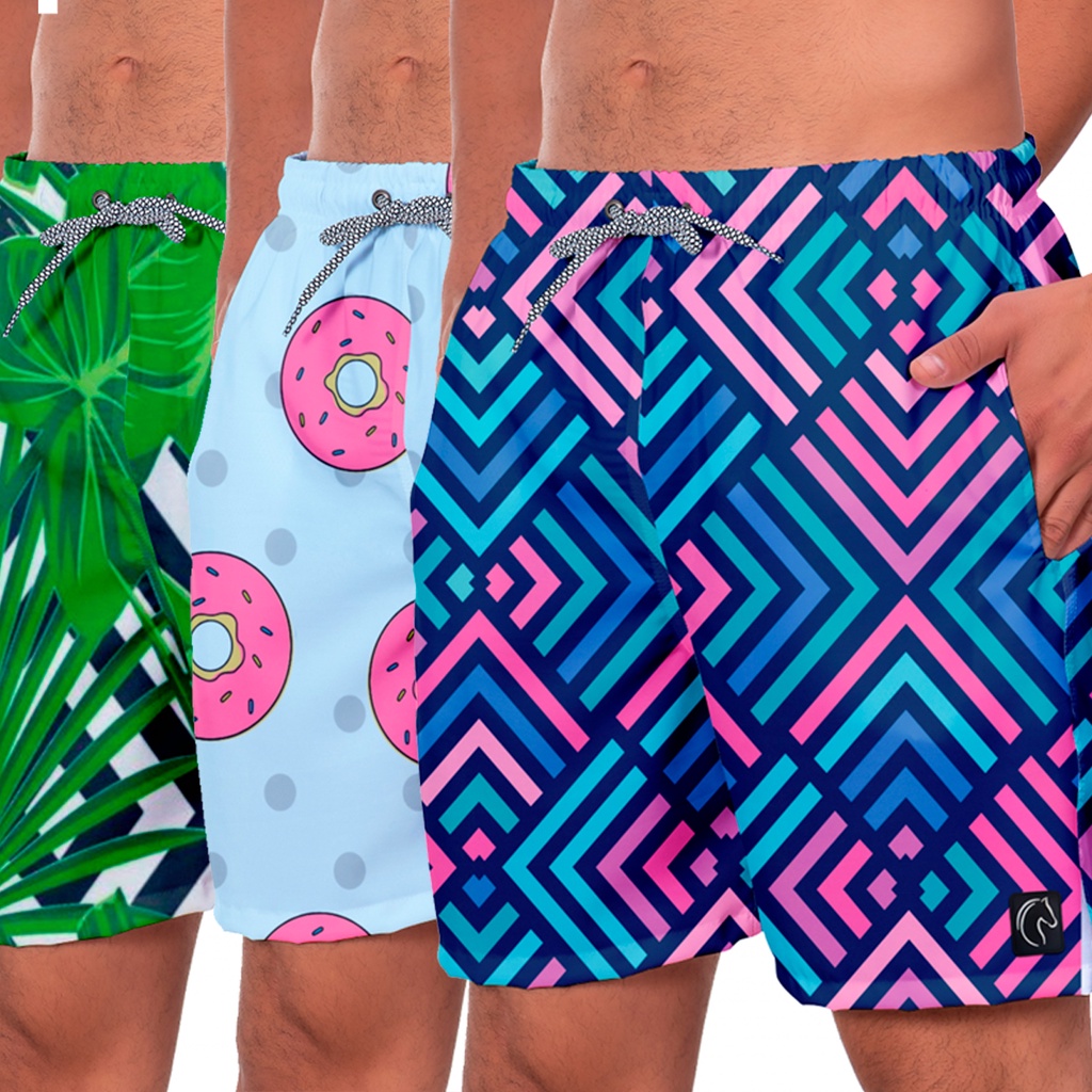 Shorts Masculino Estampa Full Verão Moda Praia Cores Branco Casual Tecido Leve com Elastano Adulto Bermuda Masculina