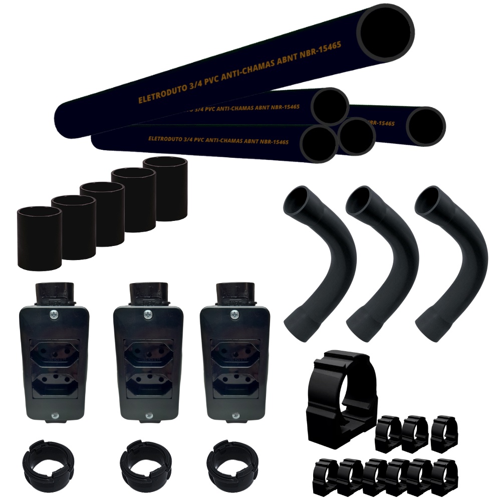 Kit 3 conduletes com tomadas duplas simples completo para Conduite 3/4 sobrepor e demais componentes para instalação em Oferta na Shopee