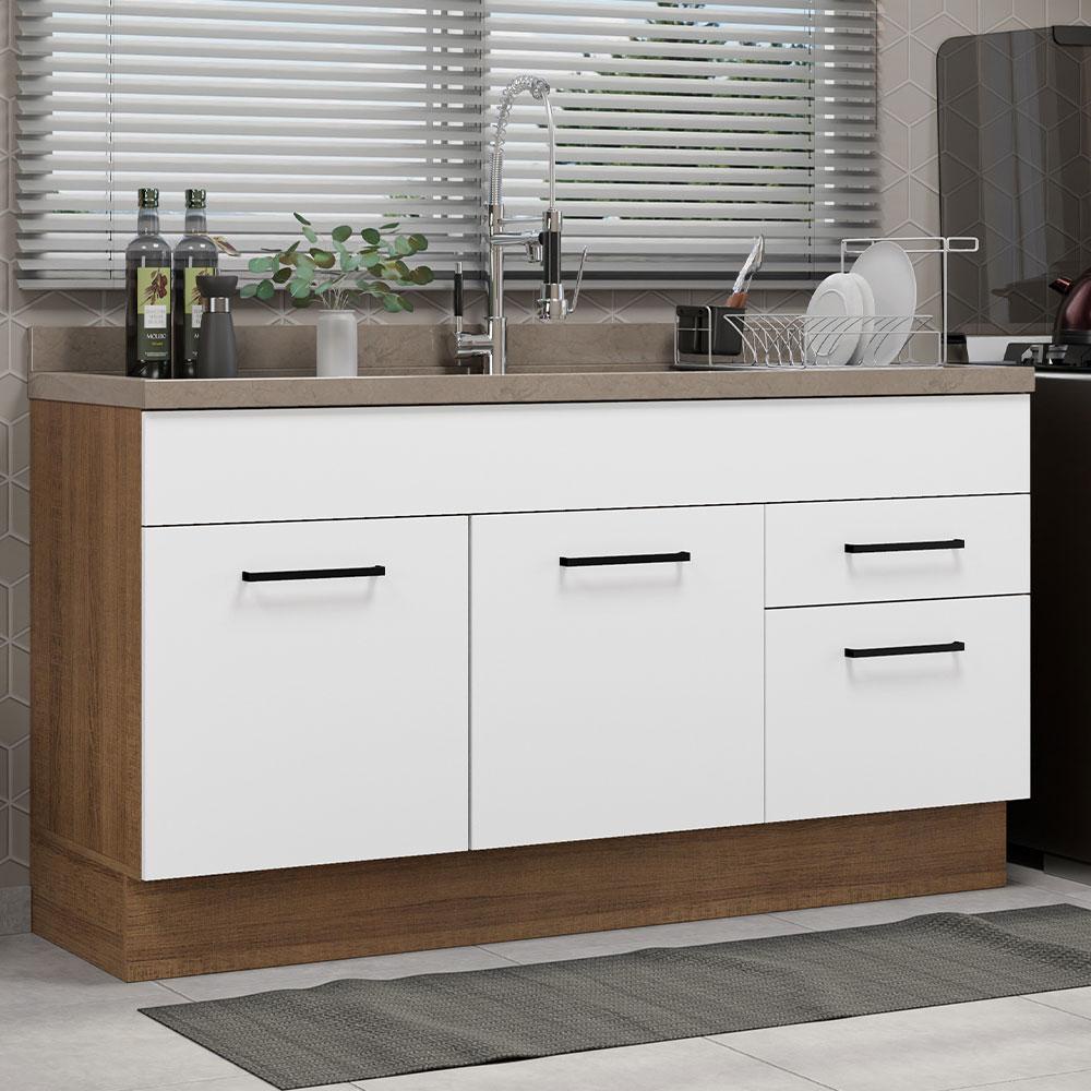 Balcão Gabinete de Pia Cozinha 150cm 2 Portas 2 Gavetas (Sem Tampo e Pia) Rustic/Branco Agata Madesa