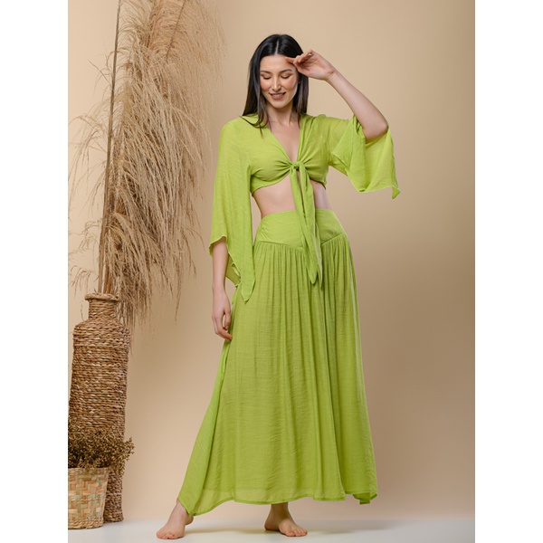 Conjunto Saia Longa Cropped com Amarrar Blusa Curta Com Saida de Praia MODA 2022 32012