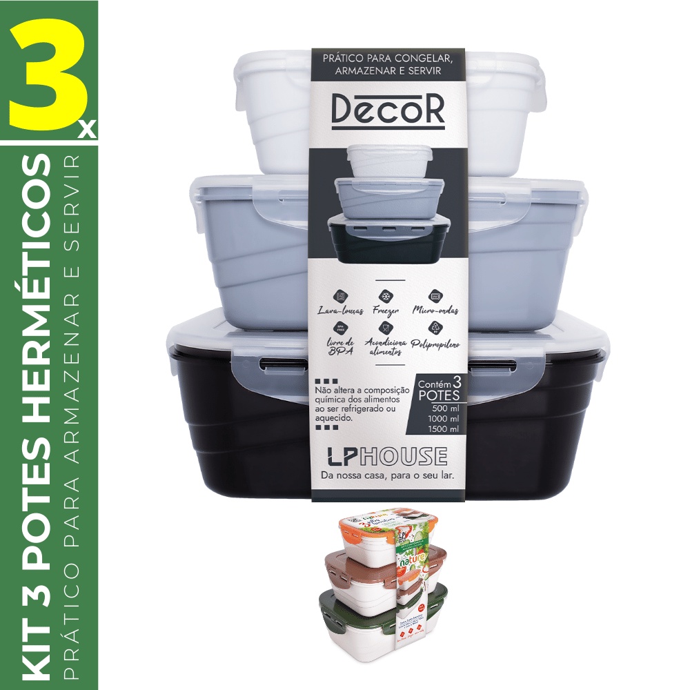Kit 3 Potes Hermeticos c/ Tampa Trava Freezer Microondas PMG