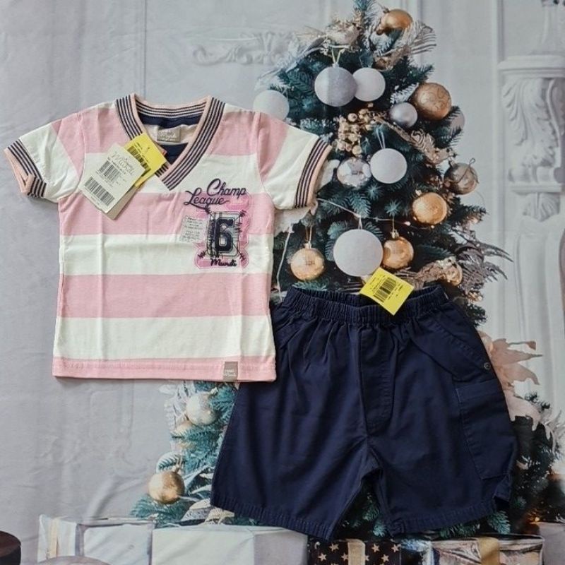 Conjunto Bebê Masculino Camiseta Gola V listrada e Bermuda Brandili Mundi - 31559.009