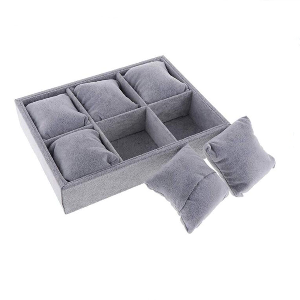 6 Grades Gray Velvet Bangle Bracelet Organizer Watch Display Stand Case Jóias Bandejas De Armazenamento Travesseiro Relógios Expositores