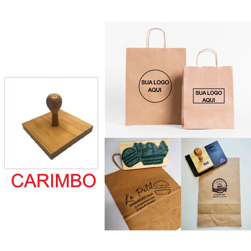 Carimbo de madeira personalizado com logomarca para personalizar embalagens, caixas, sacos, sacolas kraft em Oferta na Shopee