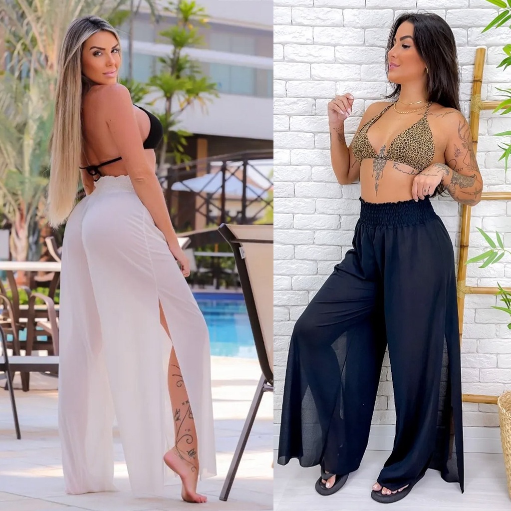 Saída de Praia Calça Pantalona Luna com Fenda Lateral Feminina Moda Verão  Blogueira - Corre Que Ta Baratinho