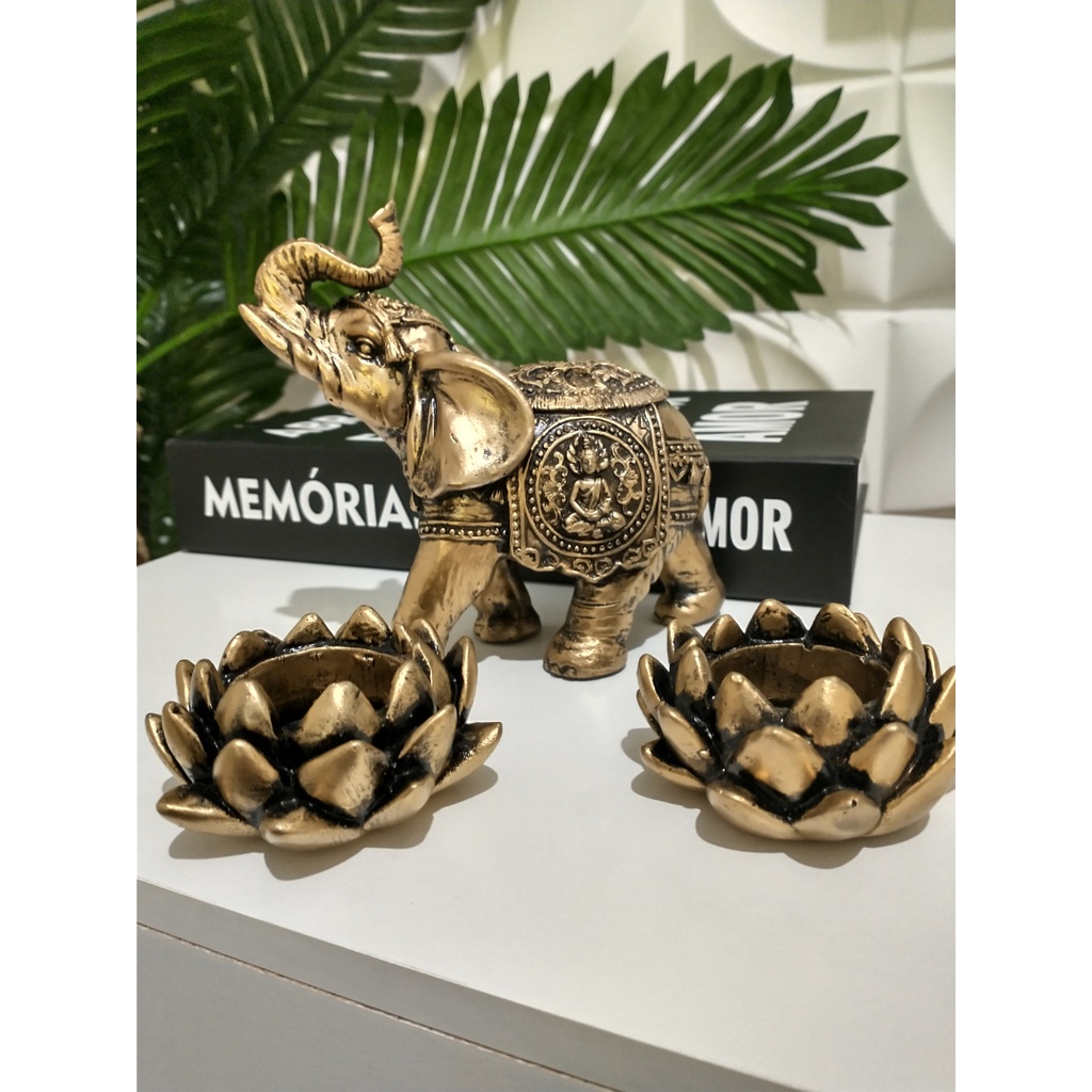 Estatueta De Elefante Indiano Pequeno Da Sorte Fortuna Mais  Duas Flor De Lotus Dourado Prata Para Casa Sala