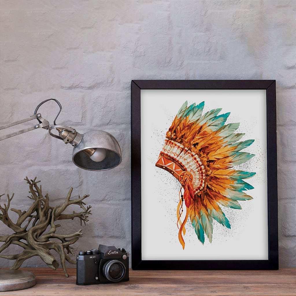 Quadro Decorativo Cocar Laranja Índio Indígena Aquarela Penas