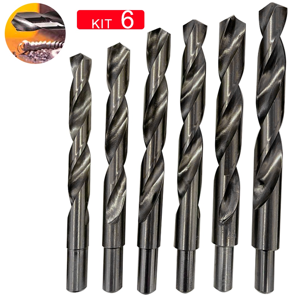 Kit Jogo 6 Brocas Aço Rápido Para Metal 14,15,16,17,18,19mm Haste Rebaixada Profissional