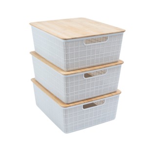 Kit 3 caixas organizadoras tampa de bambu multiuso branca 12L - Oikos