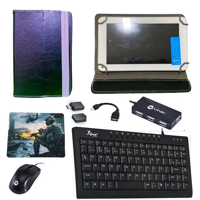 Capa Preta p/ Tablet 7 polegadas +Teclado Mouse p/ Estudo Trabalho