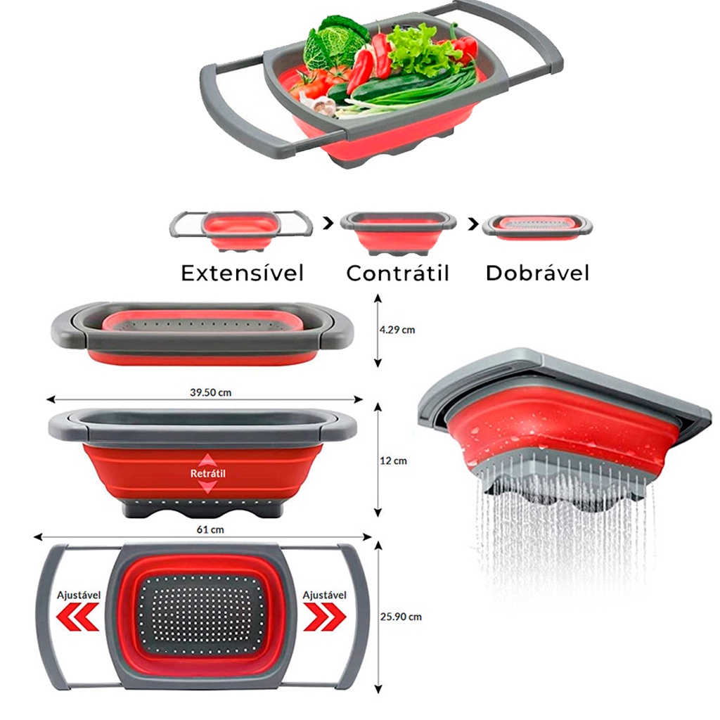 Detalhes do Escorredor De Alimentos Retrátil Dobrável Silicone Redondo Ou Quadrado Multiuso Louça Prático Rápido