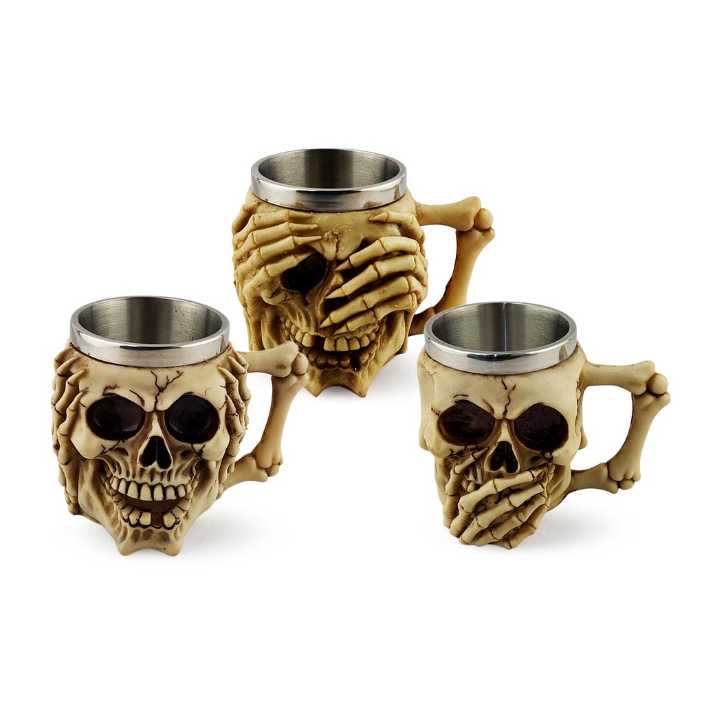 Conjunto Caneca Caveira Decorativa Não Fale Não Olhe Não Ouça Chopp 450ml Colecionável