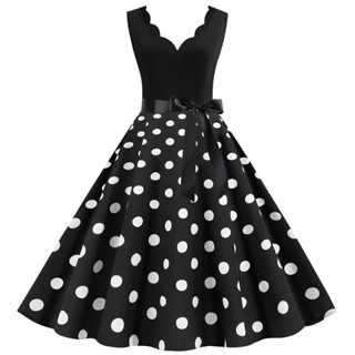 Polka Dot Impresso Festa Grande Balanço Feminino De Comprimento Médio Retro Vestido