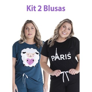 Kit 2 Blusas Manga Curta de Algodão Plus Size
