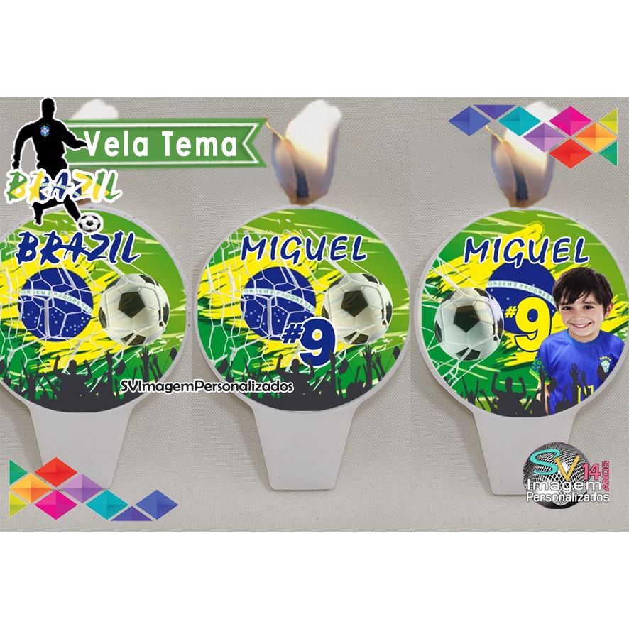 Festa Futebol Bandeira do Brasil Vela  de Aniversário Personalizada ideal para a Copa do Mundo 2026
