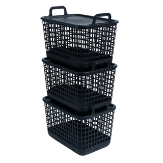 Kit 3 cestos telados com tampa de plástico 15l preto – Oikos