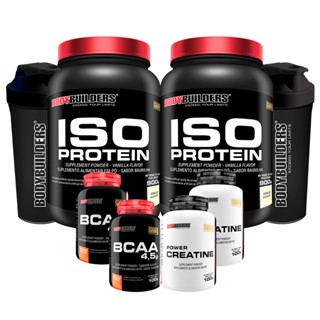 Kit 2x Suplemento de Proteína Isolada Iso Protein 900g + 2x BCAA 4.5 100g + 2x Power Creatina 100 + 2x Coqueteleira - Aumento de Massa Muscular Magra - Bodybuilders