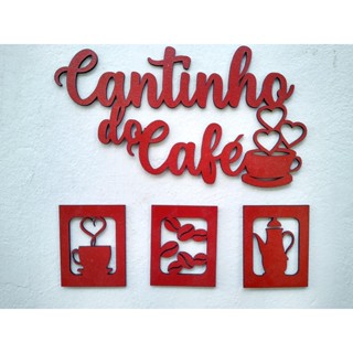 KIT CANTINHO DO CAFÉ 4 PEÇAS VERMELHO MDF ALTO RELEVO DECORAÇÃO CASA E COZINHA