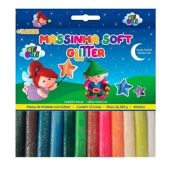 Massinha de modelar com glitter Soft Glitter com 12 cores 180g, produto atóxico