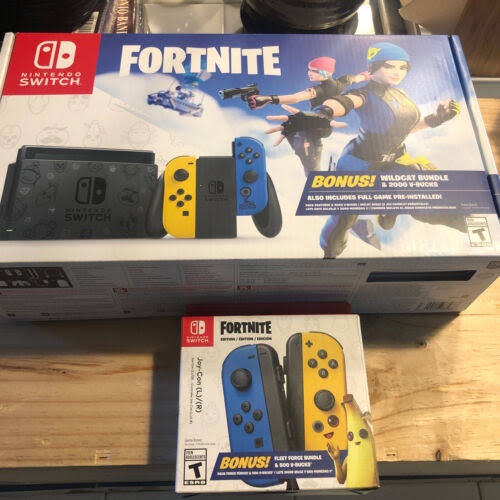 Nova Selado Nintendo Switch Fortnite Wildcat Console Bundle Amarelo e Azul Completo Jogos Pacote