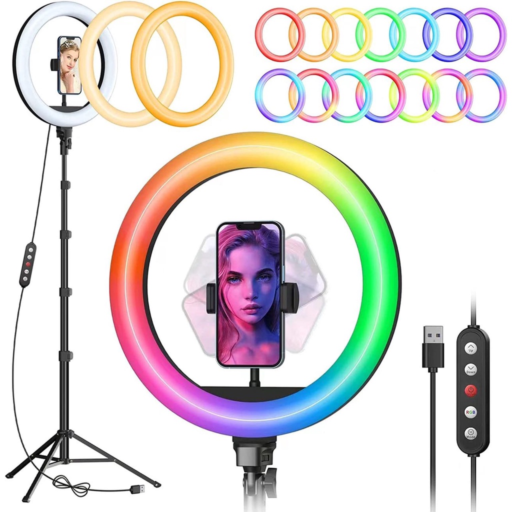 Ring Light RGB de 12" com suporte para tripé de 2,1 m, Ring Light LED com suporte para telefone, 3 modos CCT e 39 modos de cores Selfie Ring Light para fotografia/maquiagem/transmissão ao vivo/YouTube