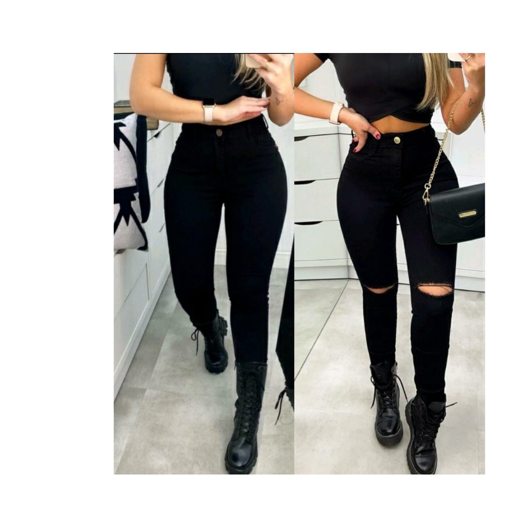 Kit 2 Calças Jeans Feminina Premium Envio Imediato Preta lisa e Preta Rasgada Elastano Lycra