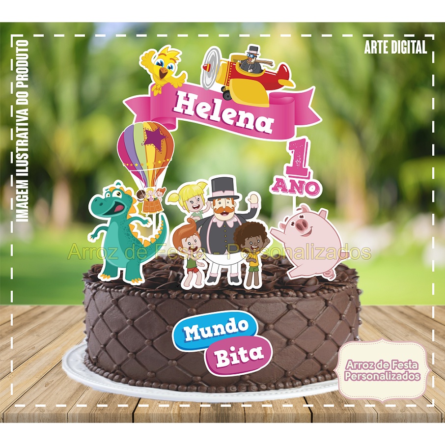 Topo Topper Bolo Personalizado + 60 Tags Docinho Mundo Bita Rosa